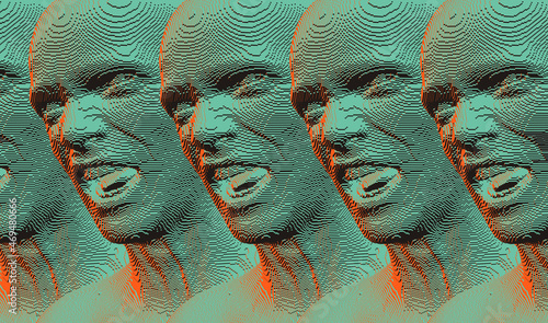 Group of people for design. Furious screaming men. Emotional scream of a men with open shouting mouths. People and emotions concept. Voxel art. 3D vector illustration.