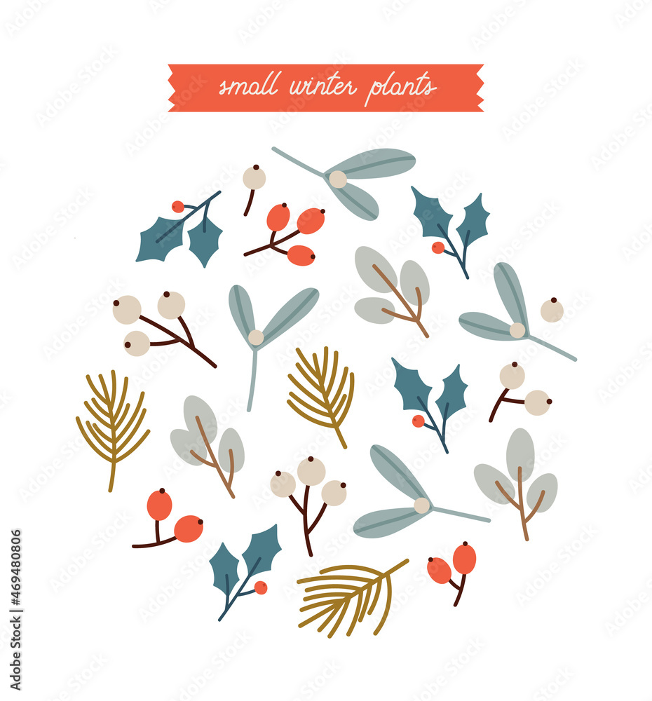 Obraz premium Hand-drawn set of small Christmas plants. Eucalyptus, mistletoe, pine, berries, holly berry. Concept of the winter season, holidays, Christmas, New Year. Colorful vector illustration.