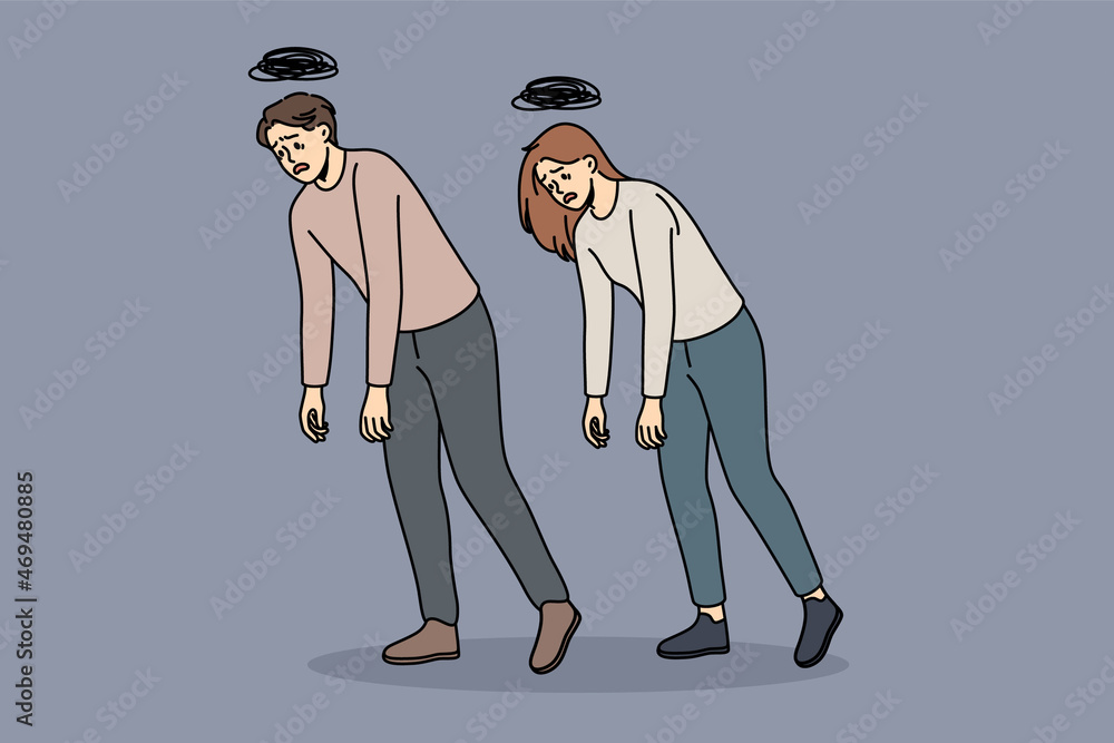 Tiredness and common exhaustion concept. Young man and woman walking