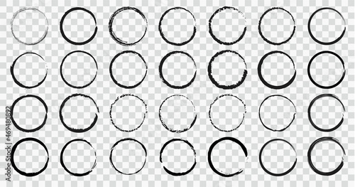 Set of circle brushes elements. Different circle brush strokes on transparent background. Grunge round shapes. Boxes, frames for text, labels, logo, grunge