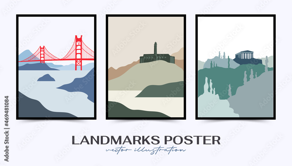 Travel poster post card vintage template. Limited colors, no gradients. Vector illustration.