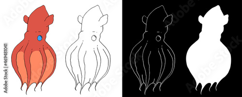 red sketch, Vampire squid. a hand-drawn set of marine animal squid with ears, isolated contour and silhouette for a design template