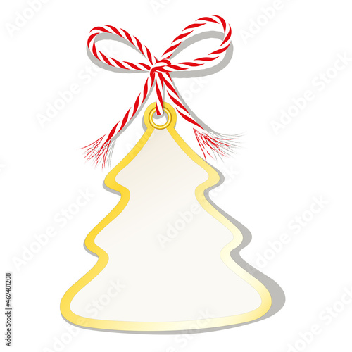 Blanko Tannenbaum  Karte mit goldenem Rand, gebunden mit rot-weiße Kordschleife, 
Etikett oder Geschenkanhänger, 
Vektor Illustration isoliert auf weißem Hintergrund
