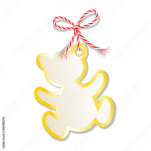 Blanko Teddybär Karte mit goldenem Rand, gebunden mit rot-weiße Kordschleife, 
Etikett oder Geschenkanhänger, 
Vektor Illustration isoliert auf weißem Hintergrund
