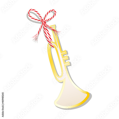 Blanko Trompete Karte mit goldenem Rand, gebunden mit rot-weiße Kordschleife, 
Etikett oder Geschenkanhänger, 
Vektor Illustration isoliert auf weißem Hintergrund

