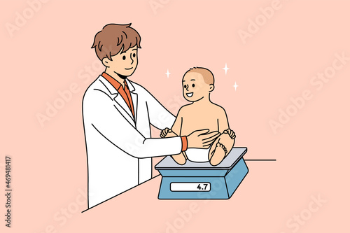 Working as pediatrician with babies concept. Young man doctor in white uniform standing and measuring happy baby weight with scales vector illustration 