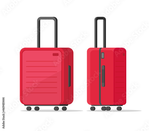Luggage travel red suitcase or airport trolley bag baggage with handle vector isolated on white background clipart in flat cartoon style, plastic wheel case object 3d cut out illustration