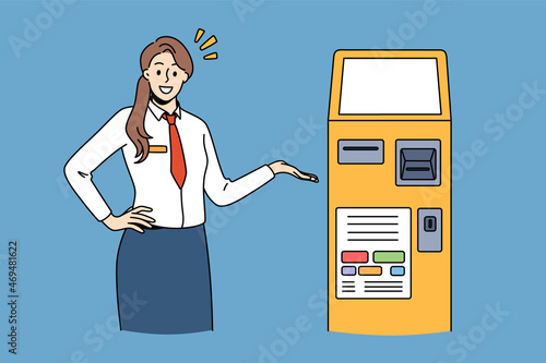 Bank representative and technologies concept. Young smiling woman working in bank standing and pointing at atm machine vector illustration 