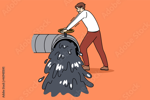 Struggle with oil trash concept. young stressed man standing trying to close pipe with running black oil products garbage from it vector illustration 