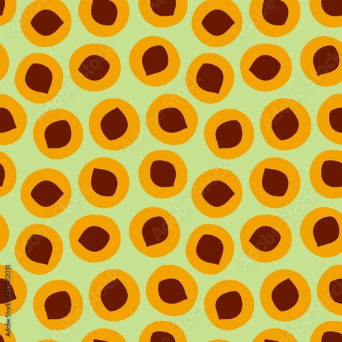 Halved apricot seamless pattern with pits. Vector