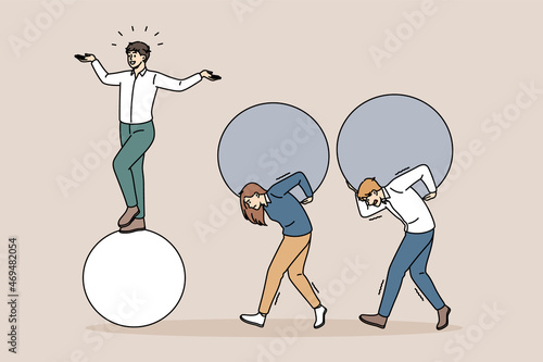 Easy business and tiredness concept. Young smiling happy confident businessman standing on ball while his colleagues carrying heavy balls on backs vector illustration 