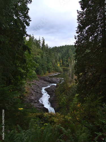 Beautiful view of popular waterfall at Elk Falls Provincial Park near Campbell River, Vancouver Island, British Columbia, Canada in autumn season.