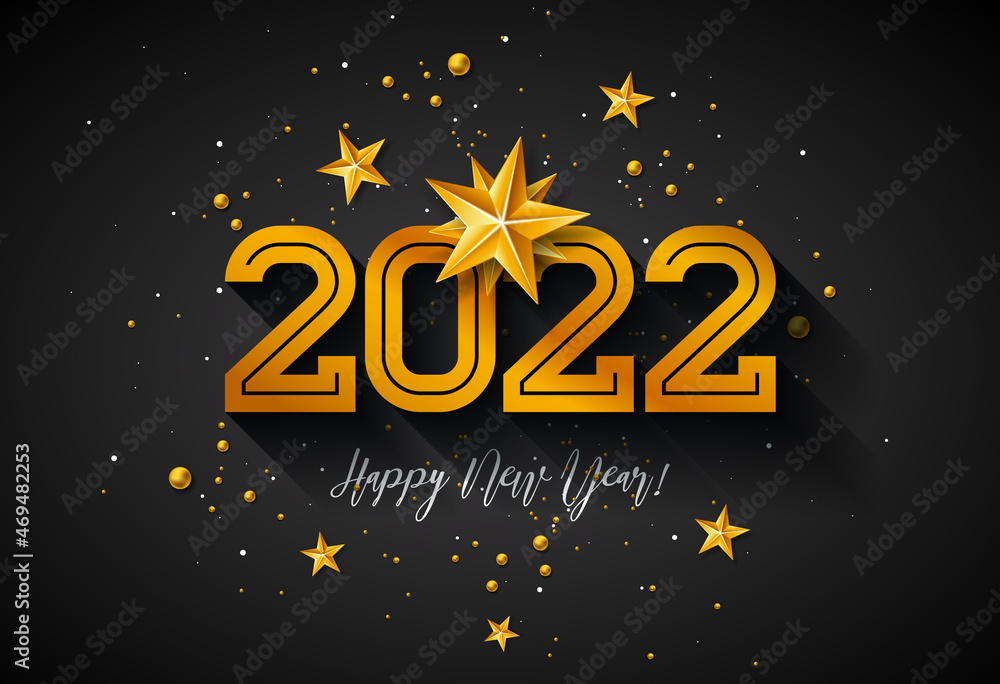 Happy New Year 2022 Illustration with Number and Gold Star on Black Background. Vector Christmas Holiday Season Design for Flyer, Greeting Card, Banner, Celebration Poster, Party Invitation or