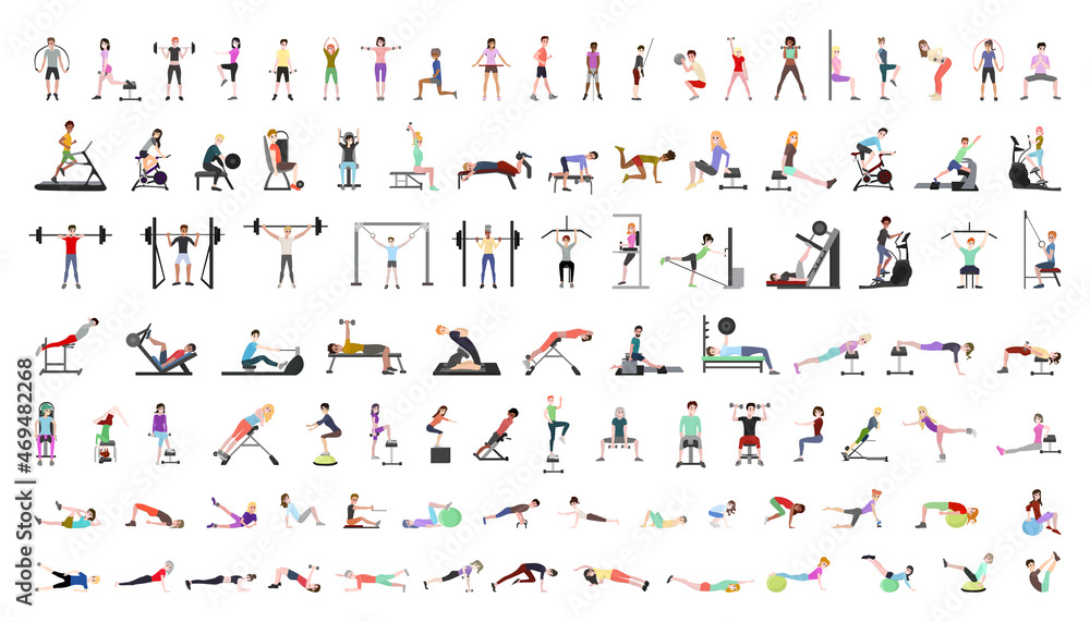 Vector collection of people in the gym. Characters doing exercises with sports equipments.