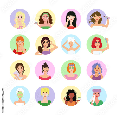 Collection of isolated illustrations with girls caring for face and hair. Removing blackheads, applying a mask, washing hair, make-up.