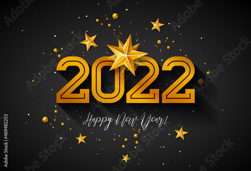 Happy New Year 2022 Illustration with Number and Gold Star on Black Background. Vector Christmas Holiday Season Design for Flyer, Greeting Card, Banner, Celebration Poster, Party Invitation or