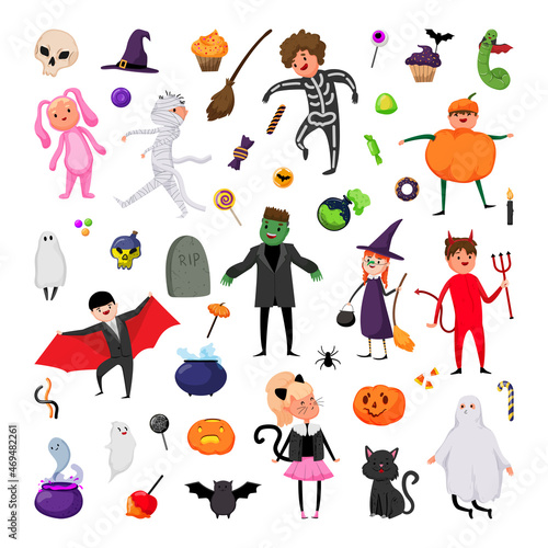 Funny illustrations for halloween day. Characters and accessories of the holiday.