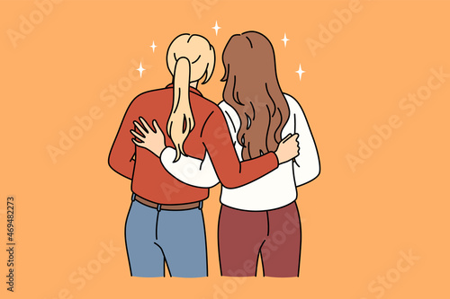 Lesbian love and homosexual couple concept. Two girls standing and embracing each other feeling loving couple vector illustration 