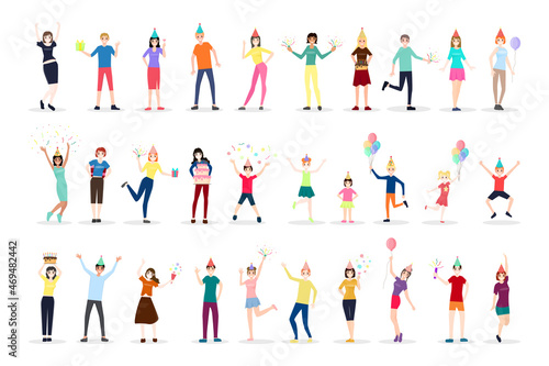 Collection of characters celebrating a birthday. Cheerful adults and children.