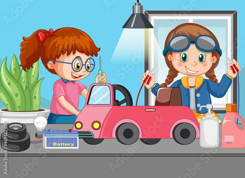 Scene with children repairing toy car together