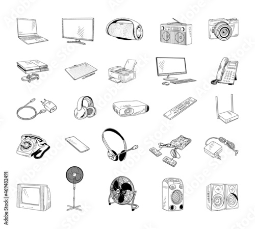 Collection of monochrome illustrations of household appliances in sketch style. Hand drawings in art ink style. Black and white graphics.