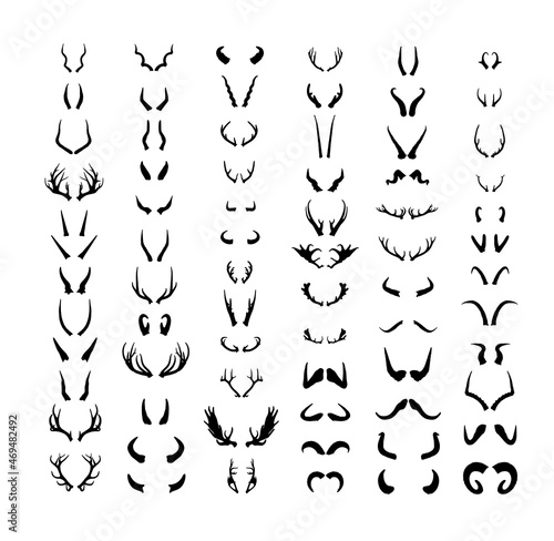 Set of horns of different animals. Black silhouettes of horns isolated on a white background.