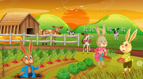 Farm at sunset time scene with rabbit family and farm animals