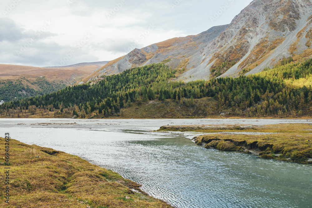 Scenic landscape with mountain creek and motley mountains in autumn colors. Colorful autumn view to clear water stream and hillside with forest in sunlight. ​Beautiful vivid mountain scenery in fall.