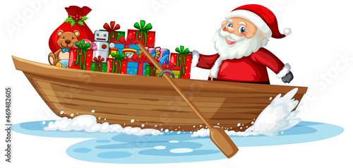 Santa Claus on rowboat with many gift boxes