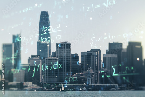 Scientific formula illustration on San Francisco cityscape background, science and research concept. Multiexposure