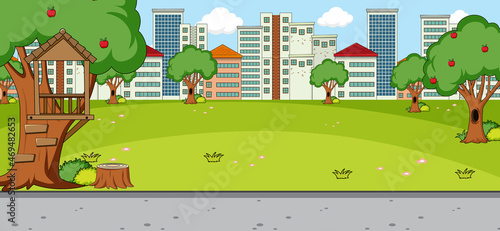 Horizontal scene with park and cityscape background