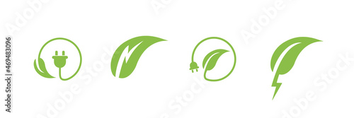 Green energy icon. Renewable eco power logo vector set. Green natural electricity. Leaf nature energy.