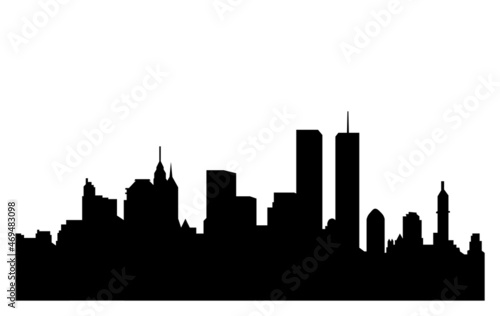 A graphic illustration of New York City skyline silhouette before 911 in black on a white background. photo