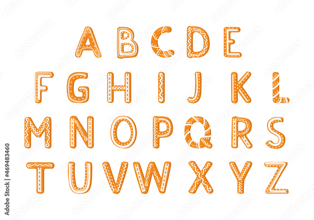 Alphabet made from glazed gingerbread. Festive font, symbol of Happy New Year and Christmas, sign and letters of different shapes Alphabet made from glazed gingerbread. Festive font, symbol of Happy New Year and Christmas, sign and letters of different shapes