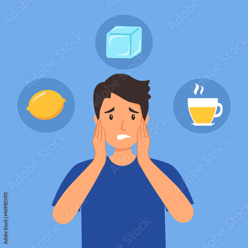 Man having sensitive teeth with sour lemon, cold ice and hot drink in flat design. Tooth sensitivity symptom concept. photo