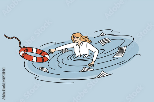 Business crisis and helping hand concept. Stressed business woman drowning in water of her business trying to reach for lifebuoy vector illustration  © Dzianis Vasilyeu