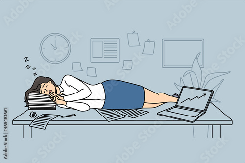 Tiredness and exhaustion concept. Young woman cartoon character lying down and sleeping in office near papers and laptop vector illustration 