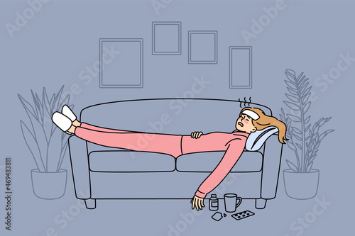 Feeling fever and ill concept. Sick young woman lying on coach with medicines on floor feeling bad at home vector illustration 