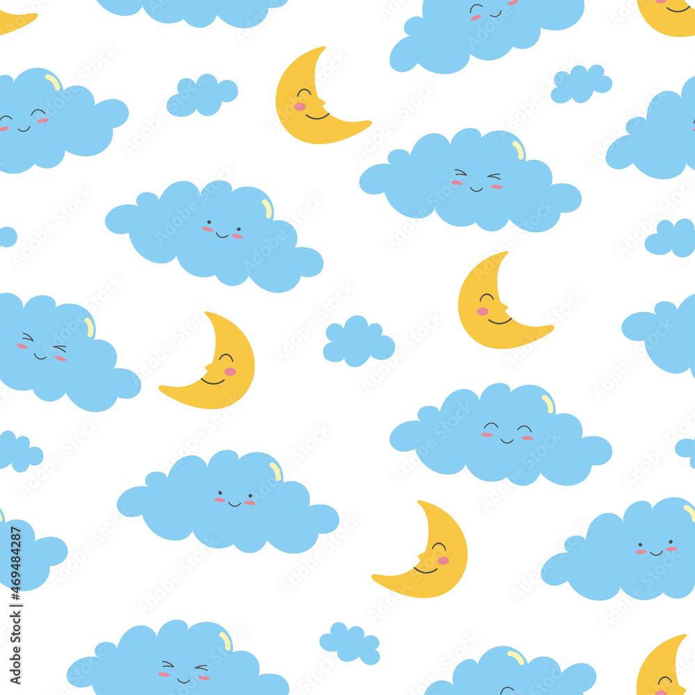 Seamless pattern of blue smiling clouds and moon on white background. Cartoon character in flat style. Vector illustration