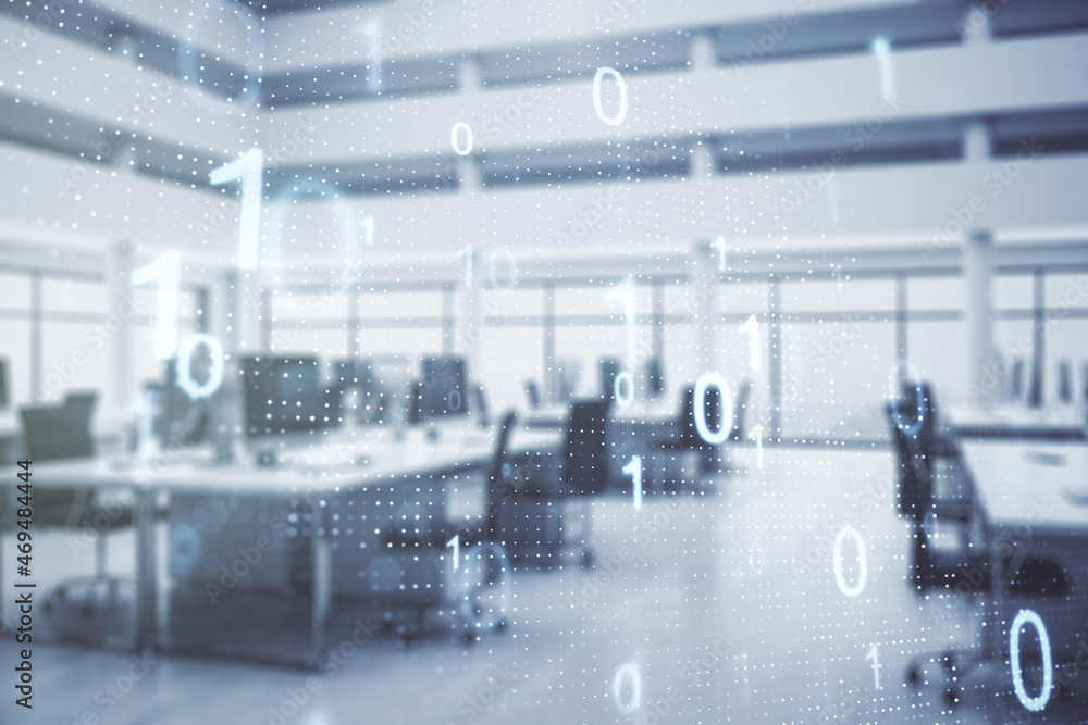 Fototapeta premium Double exposure of abstract virtual binary code hologram on modern corporate office background. Database and programming concept