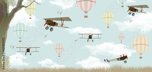 flying planes with balloons in the clouds