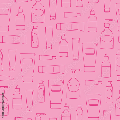 Cosmetic products seamless pattern. Line art doodle bottles and tubes on pink background. Skincare products. Vector illustration