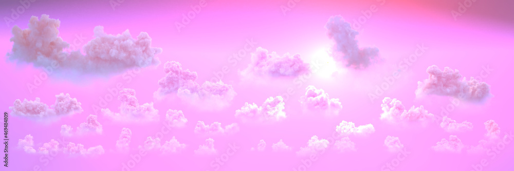 panorama of cumulus clouds sunset with sun rays - conceptual nature 3D illustration