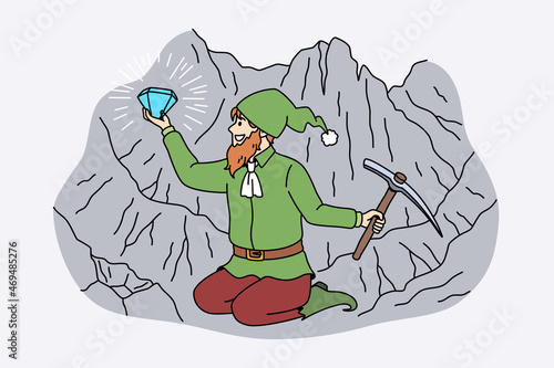 Mining diamonds and precious stones concept. Small smiling troll sitting with hammer holding huge blue diamond in hands vector illustration 