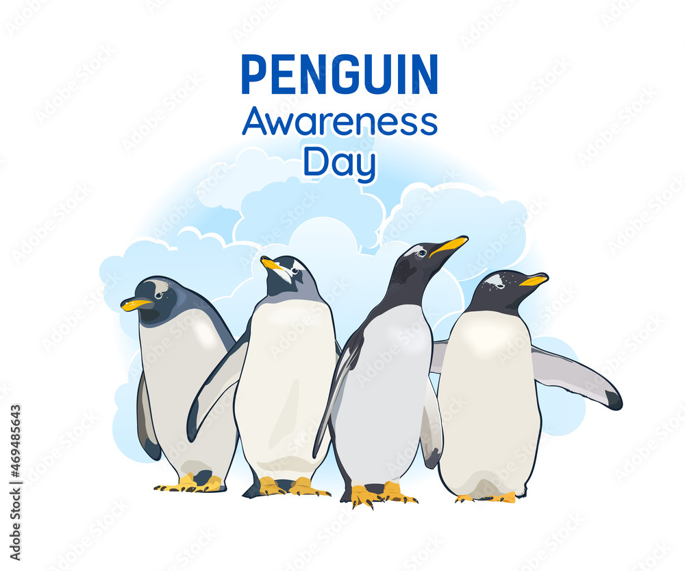 Obraz premium Penguin Awareness Day, January 20th. Group of penguins on a background of blue clouds.Vector Illustration 