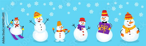 Set Cute christmas snowmen. Funny snow man wearing hat and scarf,