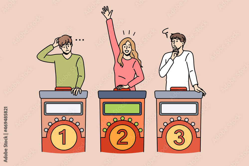 Entertainment and leisure game concept. Group of young smiling people standing playing game guessing something woman raising hand vector illustration 