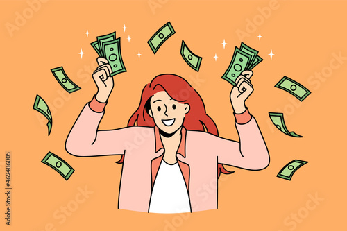 Financial success and wealth concept. Young smiling woman cartoon character standing holding heaps of green cash money in hands vector illustration 