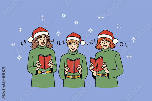 Gospel and Christmas celebration concept. Group of children teens in green sweaters and santa hats standing and singing traditional songs for holiday vector illustration 