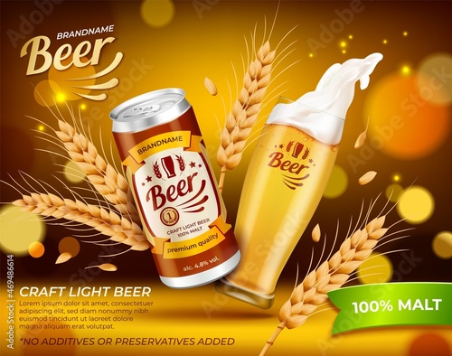 Realistic Detailed 3d Aluminum Can Beer and Golden Beer Transparent Glass Cup Ads Banner Concept Poster Card. Vector illustration